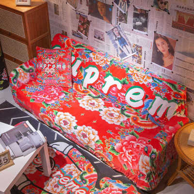 东北大花布沙发套中国民族风喜庆红色沙发巾农家乐盖布毛绒弹力罩