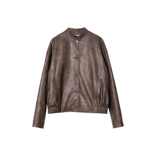 【城市游牧】CAREMIND复古黄棕皮衣外套美拉德立领气质外搭上衣