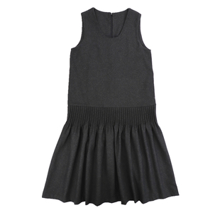 精分 未曝光的密褶裁切线 学院拼接深灰百褶连衣裙纯色无袖背心裙