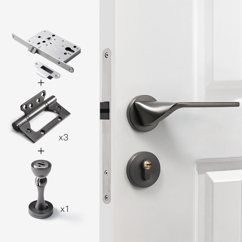 灰色简约卧室门锁室内分体房门锁房间静音木门磁吸锁具家用门把手