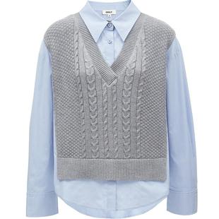 ONLY学院风洋气简约宽松翻领拼接长袖假两件马甲针织衬衫上衣女