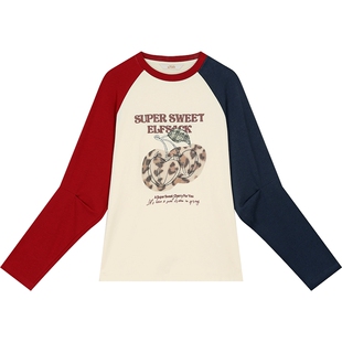 妖精的口袋撞色插肩印花t恤女2025年冬新款新年战袍宽松内搭上衣