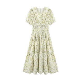 Basic House/百家好小清新碎花连衣裙收腰显瘦度假中长款裙子夏季