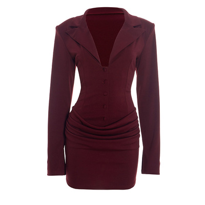 秋冬性感深V纽扣包臀西装连衣裙