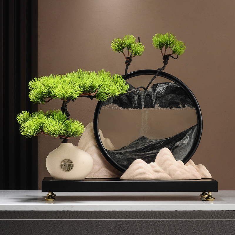 迎客松山水流沙画摆件新中式客厅玄关电视柜办公室创意高档装饰品