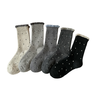 波点羊毛袜子女中筒袜秋冬季加厚保暖冬袜长袜配勃肯鞋花边堆堆袜