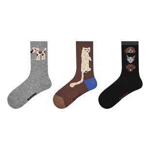 R文艺复兴秋季ins趣味猫狗豹动物插画中筒袜子女百搭个性春秋棉袜