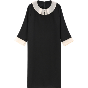 无谓韩式文艺2025秋季新款女装欧根纱撞色娃娃领宽松气质连衣裙女