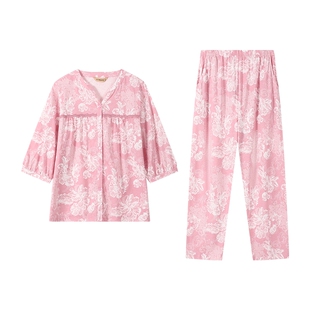 秋鹿纯棉睡衣女士10A抗菌圆领印花绝美七分袖2026春新款家居服