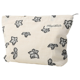 棉布花朵柔软化妆包黑白素描感帆布内衬日常旅行护肤品水乳收纳袋