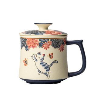 青花岩矿白繁猫办公杯茶水分离杯复古陶瓷带盖过滤泡茶杯个人专用