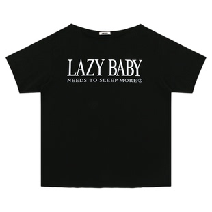 lazyz2025夏季小众设计女装新款印花短袖体恤衫一字肩宽松上衣