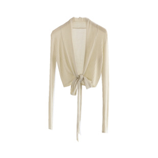 春夏莱赛尔针织上衣交叉绑带裹胸V领无扣长袖针织开衫防晒空调衫