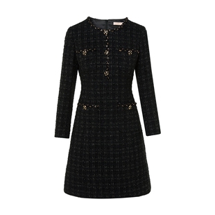 【秀场同款】朗姿/LIME莱茵小香风CH*NEL黑金亮丝花呢收腰连衣裙