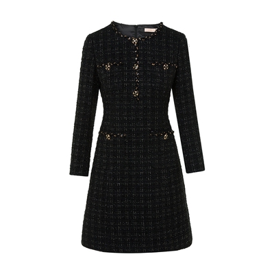 【秀场同款】朗姿/LIME莱茵小香风CH*NEL黑金亮丝花呢收腰连衣裙