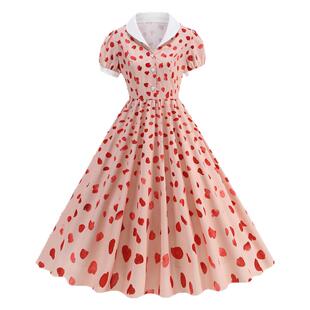 粉色花瓣印花连衣裙娃娃领短袖收腰大摆过膝中长度假复古碎花裙子