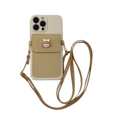 菱格女孩卡包斜跨硅胶手机壳挂绳