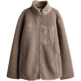 HM女装短外套冬季女士立领宽松休闲泰迪绒外套夹克上衣1239565