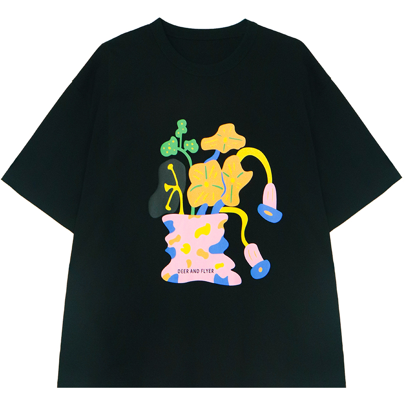 鹿与飞鸟[波子汽水]“向阳而生”春夏趣味花瓶印花宽松T恤5817