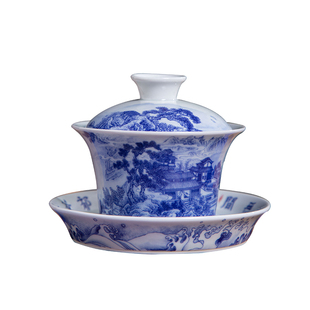 景德镇高温盖碗三才马蹄高温瓷山水盖碗两用防烫品茗陶瓷功夫茶具