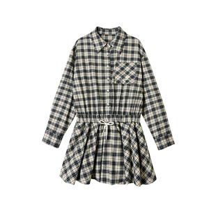 【折叠默片】Uena美式复古黑白格纹字母刺绣长袖衬衫花苞连衣裙女