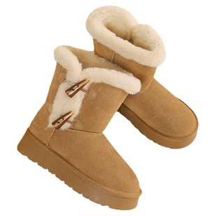 达芙妮厚底雪地靴女款2025新款秋季女鞋加绒短靴棉靴牛角扣棉鞋女