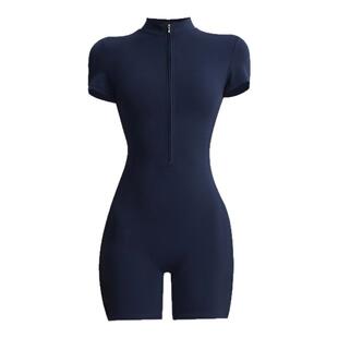 新款拉链短袖瑜伽服女士新款连体健身服夏季紧身训练跑步运动套装