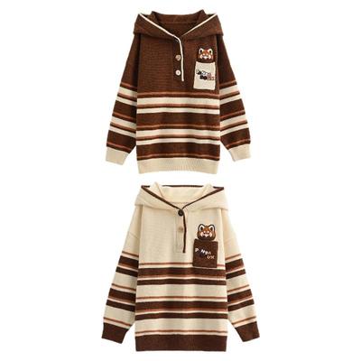 森女部落甜美新款设计感条纹宽松毛衣女秋冬小熊猫刺绣连帽针织衫