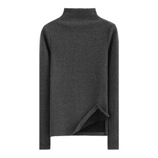 冬季半高领修身纯白内搭上衣女打底衫体恤加绒加厚长袖开叉保暖