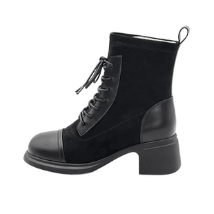 百搭短靴英伦风马丁靴女款2025新款真皮弹力布粗跟爆款春秋瘦瘦靴