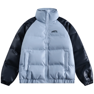 YEP潮牌拼接PU皮棉服女加厚冬季外套复古宽松立领棉衣薄荷曼波