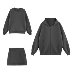 pusumede【现货5.5折】灰色连帽卫衣女开衫外套宽松拉链上衣