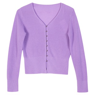 Lavinia绵羊毛金属扣针织衫女春秋款软糯风香芋紫色气质毛衣