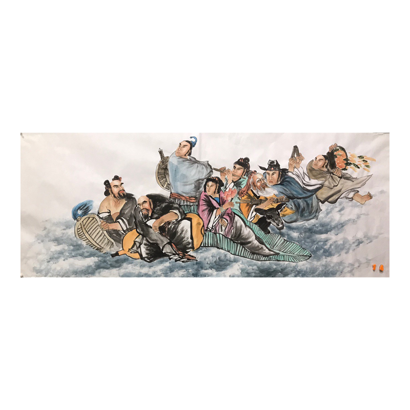 手工绘制小六尺八仙过海各显神通人物图案装饰挂画古典古风艺术