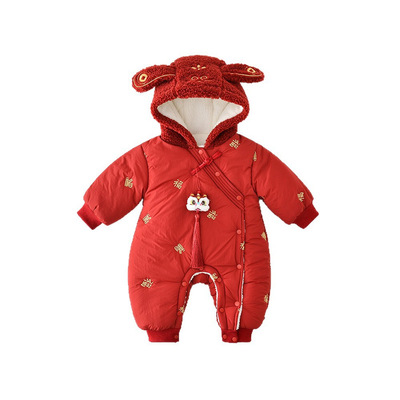 喜庆婴儿衣服宝宝冬装夹棉连体棉服外出小月龄拜年过年新年装冬季