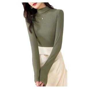 桑蚕丝罗纹长袖T恤女修身显瘦纯色打底衫半高领亲肤裸感薄款上衣