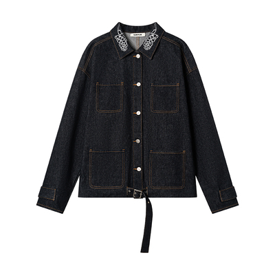 亮片刺绣花卉牛仔翻领单排扣外套