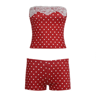 FabGirls 甜辣少女蕾丝拼接波点抹胸背心 辣妹百搭显瘦短裤套装