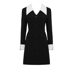 DPLAY秋季新款黑色连衣裙女撞色裙子气质翻领短款小黑裙长袖