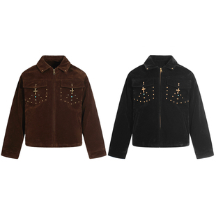 15GET 美式麂皮绒铆钉撞色boxy短宽白鸭羽绒服巴恩风保暖夹克外套