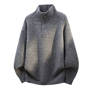 it:fivecm高领毛衣男女秋冬复古重磅保暖毛衫纽扣立领宽松针织衫
