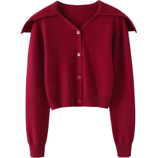 好感度满分~V领大翻领短款羊绒开衫女纯羊绒针织开衫外套秋冬厚