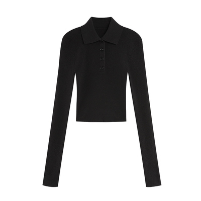 NEVA HU 黑色polo领针织衫女秋冬内搭打底衫修身显瘦V领短款上衣