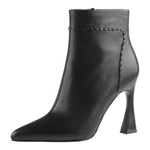 misili 时尚尖头粗跟短靴冬季新款9.5cm黑色高跟鞋真皮平底女靴子