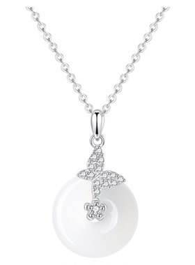 纯银白玉髓蝴蝶平安扣项链女