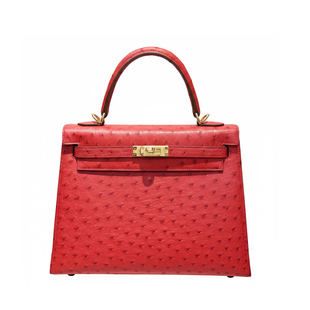 年终特惠南非KK级鸵鸟皮全手缝蜡线kelly凯莉包25cm 大红色金扣