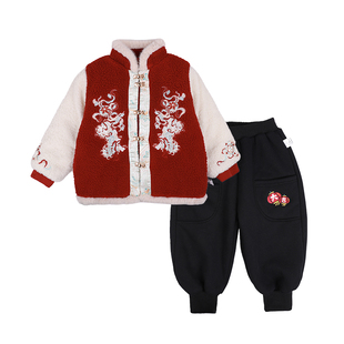 男童拜年服儿童拜冬年服新中式唐装加厚冬装过年衣服女童红色外套