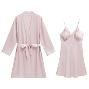 夏款睡衣女款性感冰丝吊带睡裙薄款睡袍蕾丝边春夏季纯色两件套装