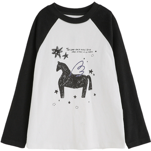 NNGZ手绘马印花女童打底衫冬季新款洋气百搭儿童长袖t恤童装上衣