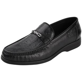 沙驰品牌男鞋软底透气中年鸵鸟纹真皮秋冬商务休闲皮鞋男士豆豆鞋